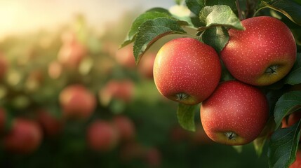 Obraz premium Fresh red apples hanging on tree branches in a sunny orchard with blurred green background.
