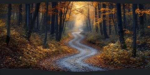 Obraz premium A winding path through an autumnal forest, dappled sunlight filtering through the trees.