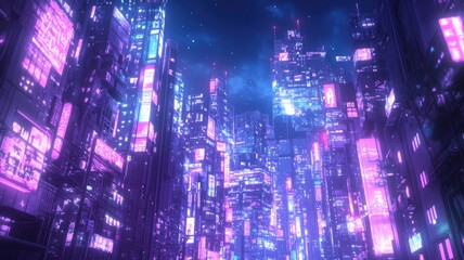 Obraz premium A Cyberpunk Cityscape with Neon Signs and a Starry Night