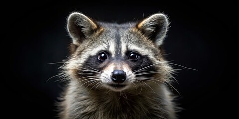 A Curious Raccoon with Bright Eyes and Whiskers Gazing Directly at the Camera, a Portrait of Nocturnal Serenity