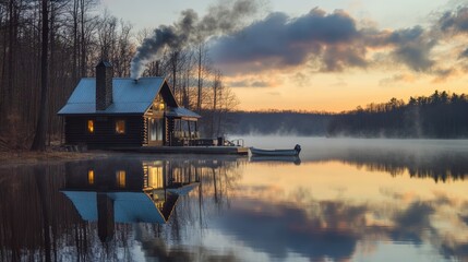Fototapeta premium Cabin on lake with reflection and boat at sunset.