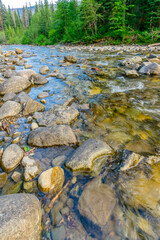 Majestic mountain river in Canada. Manning Park Lightning Lake Trail in British Columbia.