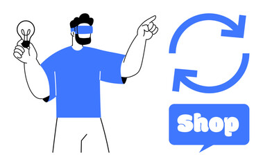 Shop concept. A person holds a light bulb while wearing VR goggles and pointing. Next to person are two arrows and a shop sign. Ideal for online shopping, technology, innovation, user experience