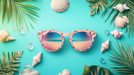 Obraz premium Sunglasses reflecting beach scene with seashells and palm leaves.