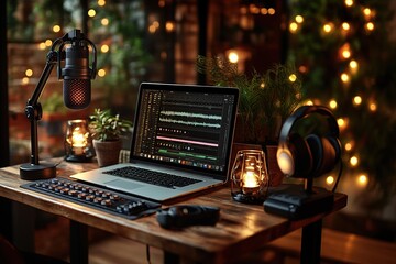 Modern Podcast Studio with Professional Microphone and Audio Editing Software