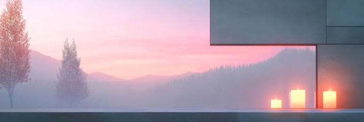 Three candles glow on a window ledge, casting a warm light against a backdrop of misty mountains and a pink sky.
