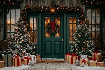 Front view of stylish decorated studio for Christmas holiday, with big green doors in center of wall. Exterior of house preparing for christmas. Christmas tree, many presents and wooden wall.