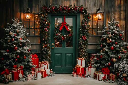 Front view of stylish decorated studio for Christmas holiday, with big green doors in center of wall. Exterior of house preparing for christmas. Christmas tree, many presents and wooden wall.