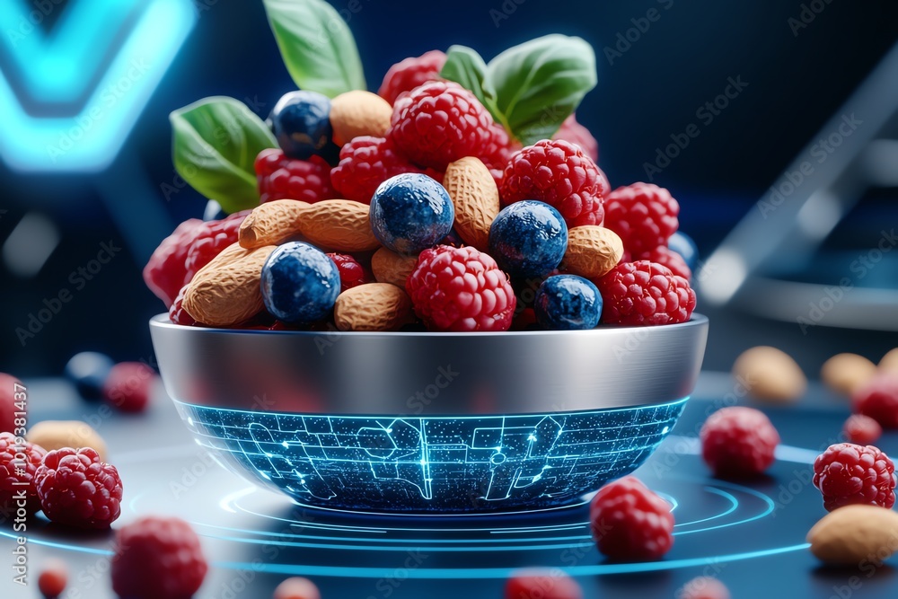 Poster futuristic depiction of a high-tech kitchen where antioxidant-rich foods like berries and nuts are p