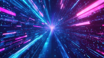 Naklejka premium Abstract Neon Lights Tunnel With Digital Data Streaming
