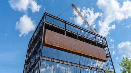Modern Building Construction with Crane and Rusty Steel Panel