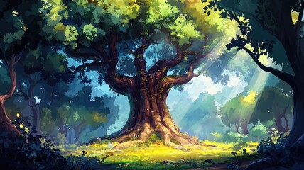 A Majestic Tree Bathed in Sunlight in a Lush Forest