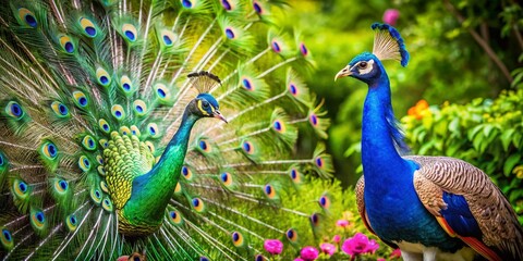 Obraz premium Stunning Display of a Peacock and Peahen Amidst Lush Greenery in a Natural Habitat Setting