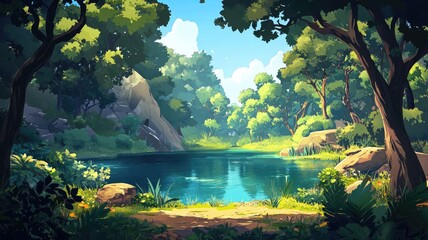 Tranquil Forest Pond with Lush Greenery and a Clear Blue Sky