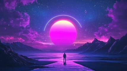 Fototapeta premium A Solitary Figure Gazes at a Giant Pink Sphere in a Starry Night Sky Over a Mountain Range