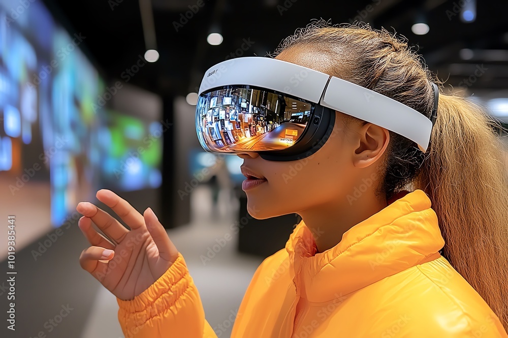 Poster futuristic depiction of a person revisiting memories through a holographic display, where moments fr
