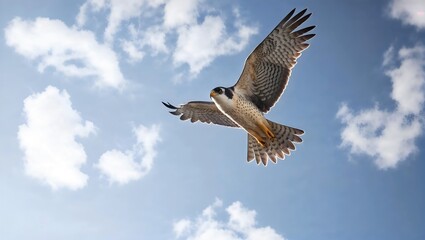 Obraz premium Majestic Falcon Soaring High Clear Blue Sky Graceful Flight Clouds
