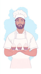 A male baker, wearing a chef's hat and apron, proudly presents three cupcakes.