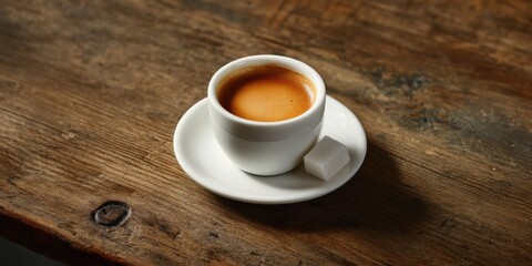 Obraz premium Shot of Italian Espresso Served in a Small Cup with a Sugar Cube on the Side on a Wooden Table