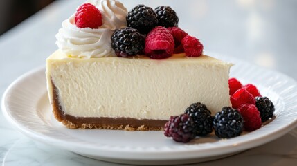 Slice of Decadent Cheesecake Topped with Berries and Whipped Cream on a Dessert Plate