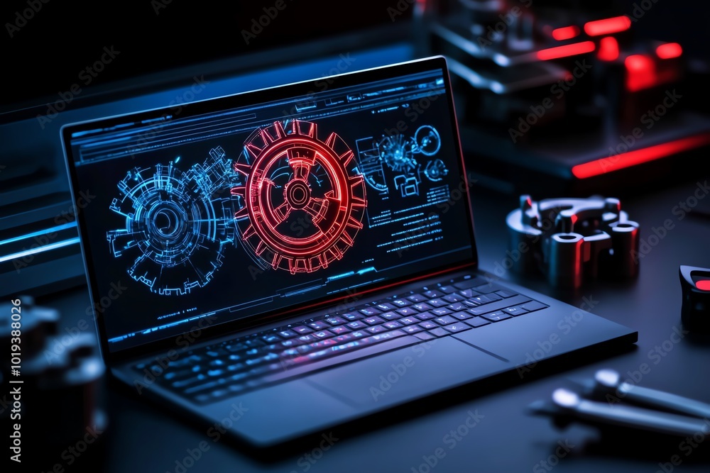 Fototapete Futuristic depiction of a reverse engineering lab where engineers use holographic displays to analyze and recreate complex mechanical devices