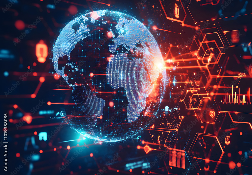 Poster abstract digital background design with icons of global network design, data transfer design, and so