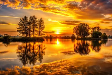 Obraz premium Stunning Golden Sunset Over Tranquil Lake with Reflections and Silhouetted Trees in the Background