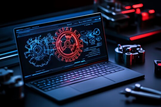 Futuristic depiction of a reverse engineering lab where engineers use holographic displays to analyze and recreate complex mechanical devices