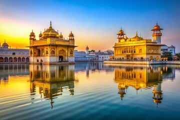 Stunning Golden Temple in India Reflecting in the Water Under a Clear Blue Sky During Sunset