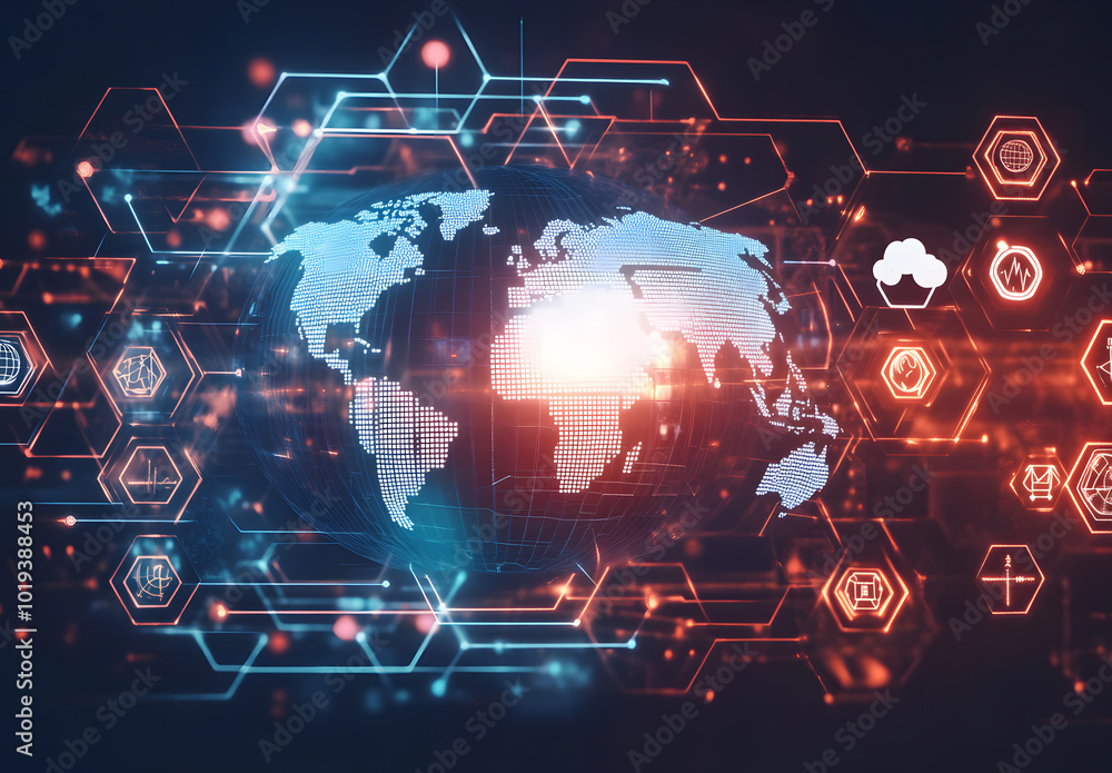 Poster abstract digital background design with icons of global network design, data transfer design, and so