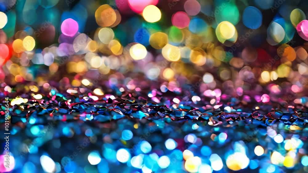 Poster a dazzling display of multi-colored bokeh lights scattered across a surface of shiny sequins.