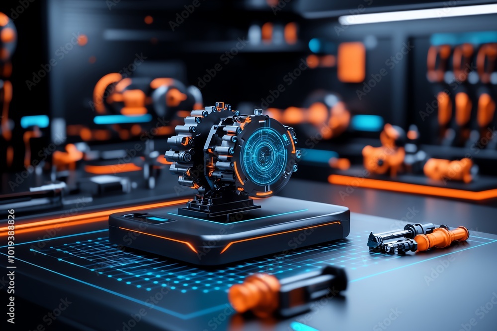 Aufkleber Futuristic depiction of a reverse engineering lab where engineers use holographic displays to analyze and recreate complex mechanical devices