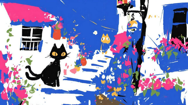 Cat standing on a street corner with flowers.generated by Al.