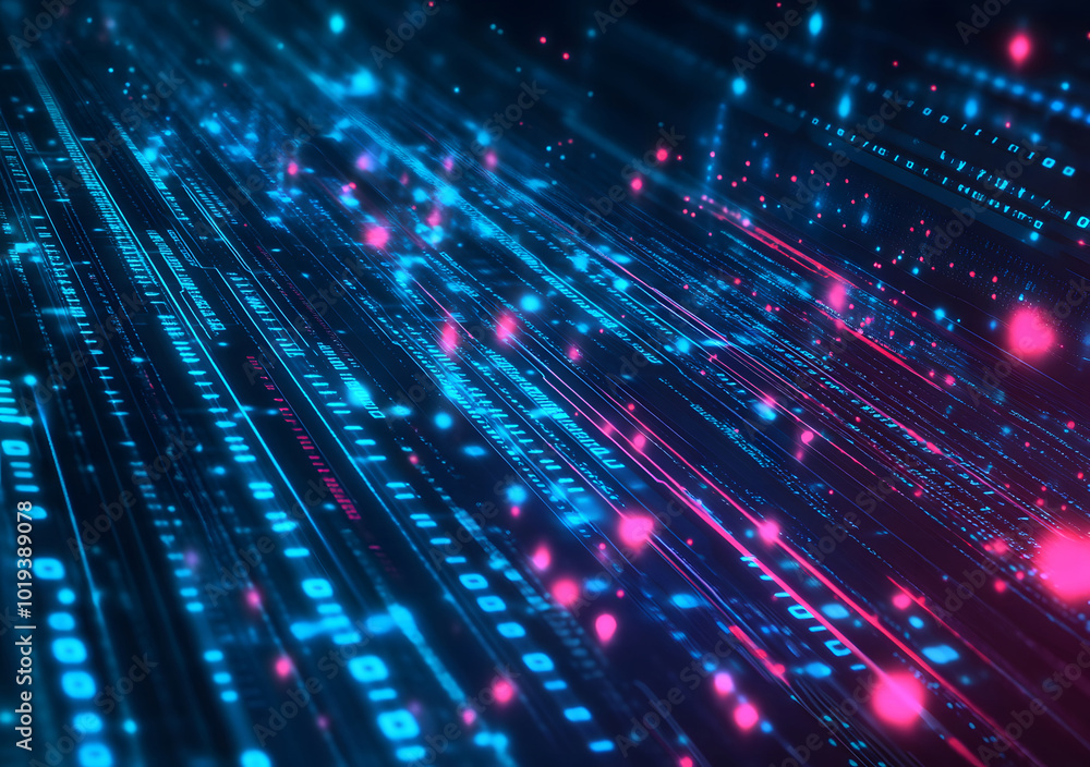 Poster abstract digital data streams on a dark blue background design, conveying the concept of big data an