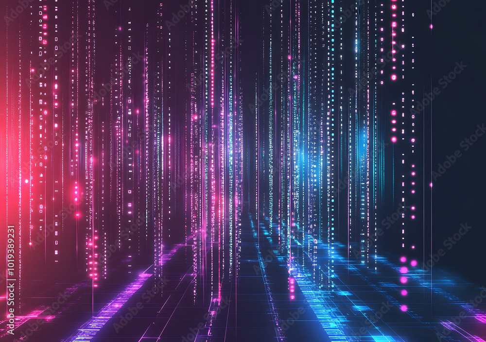 Poster abstract digital data streams on a dark blue background design, conveying the concept of big data an