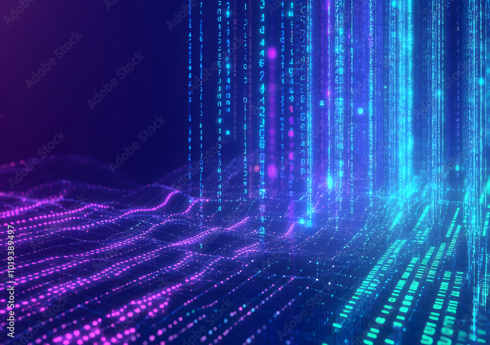 Poster abstract digital data streams on a dark blue background design, conveying the concept of big data an