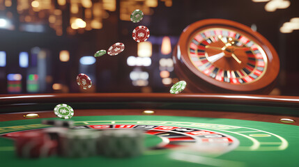 A close-up view of a casino roulette table with chips and a spinning wheel in the background.