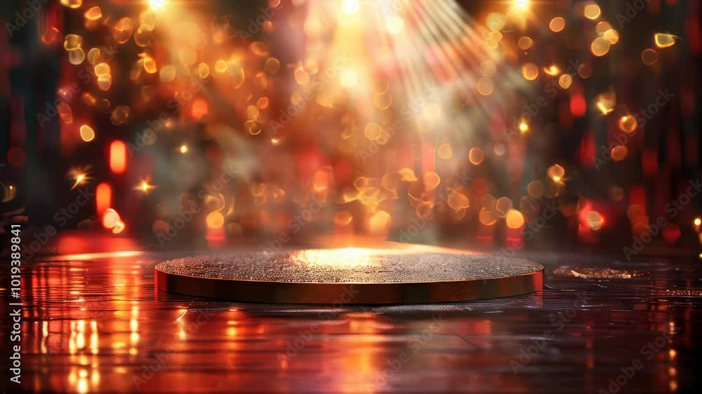 Aufkleber empty stage illuminated by a bright spotlight with sparkling bokeh background, ideal for performance