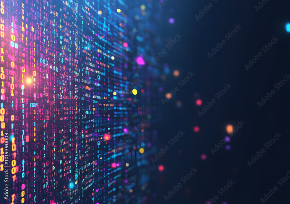 Poster abstract digital data streams on a dark blue background design, conveying the concept of big data an