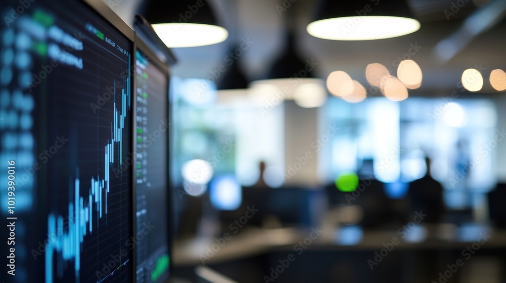 Poster a close-up of a stock market graph displayed on a monitor in a modern office environment.