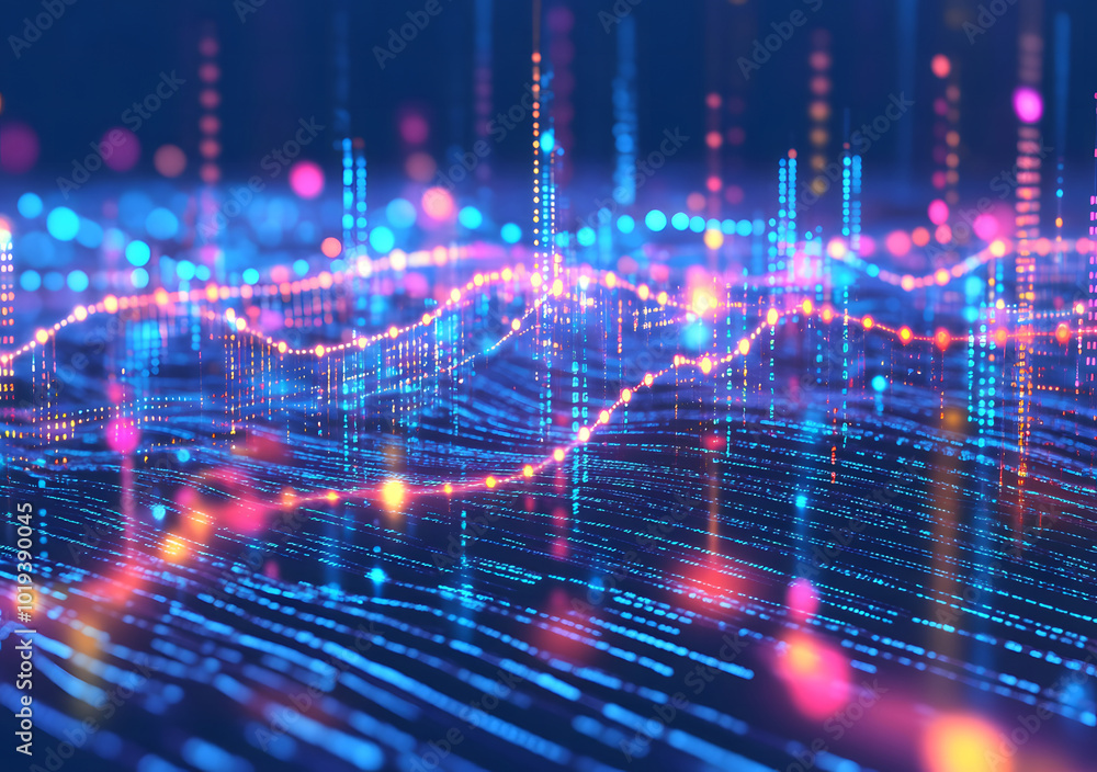 Poster abstract digital data streams on a dark blue background design, conveying the concept of big data an