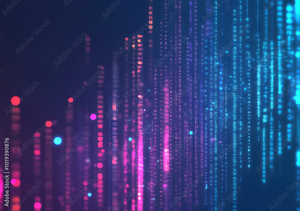 Poster abstract digital data streams on a dark blue background design, conveying the concept of big data an