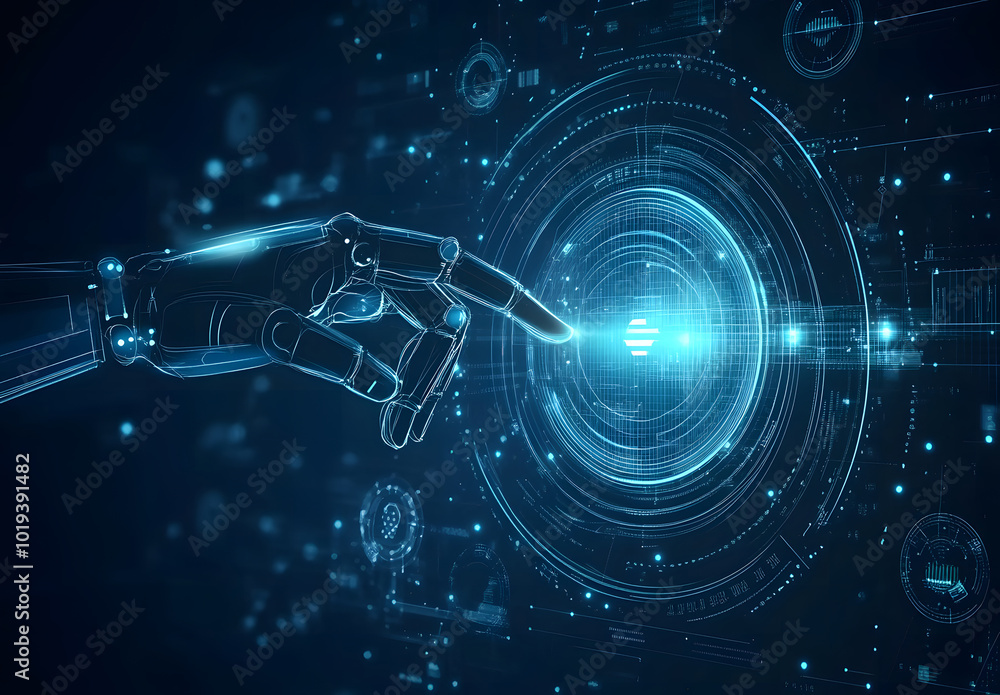 Poster abstract digital hand touching a futuristic circle with data on a blue background design, a technolo