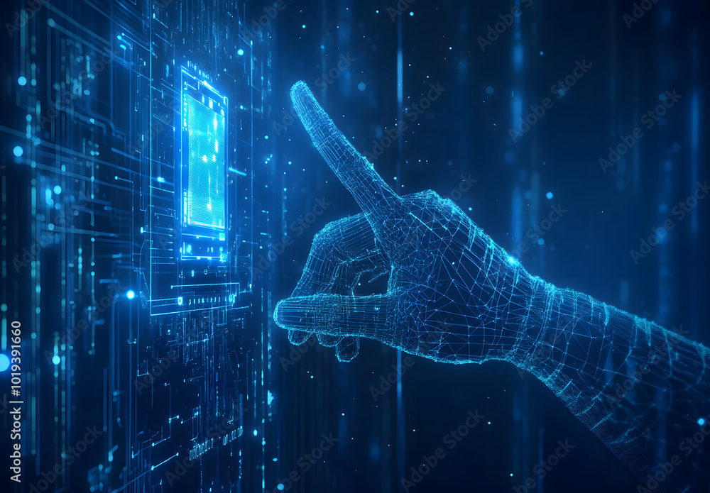 Poster abstract digital hand touching a futuristic circle with data on a blue background design, a technolo