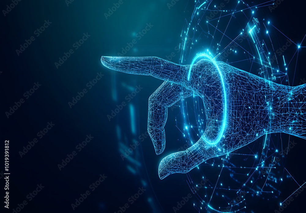 Poster abstract digital hand touching a futuristic circle with data on a blue background design, a technolo