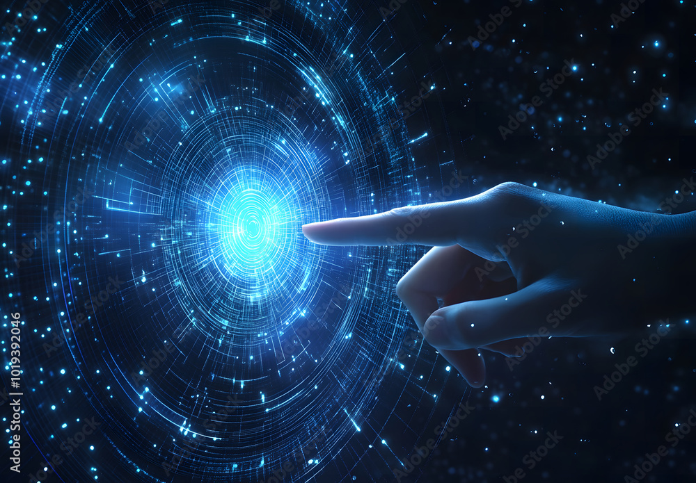 Poster abstract digital hand touching a futuristic circle with data on a blue background design, a technolo