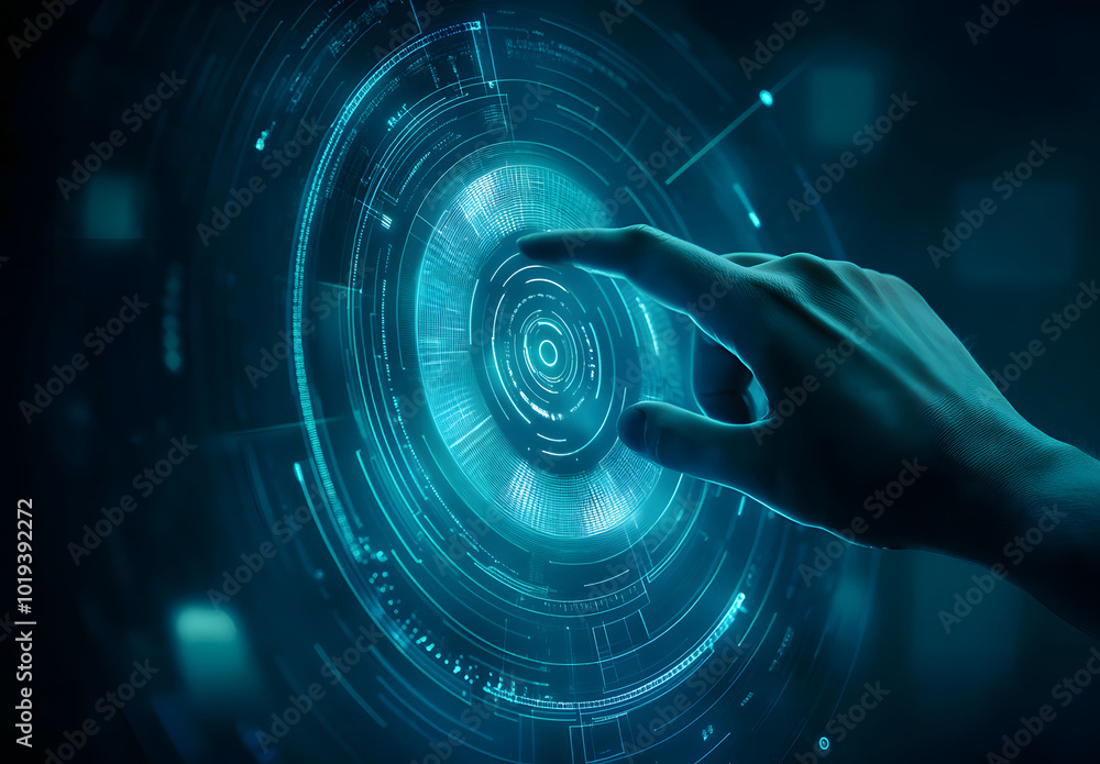 Aufkleber abstract digital hand touching a futuristic circle with data on a blue background design, a technolo