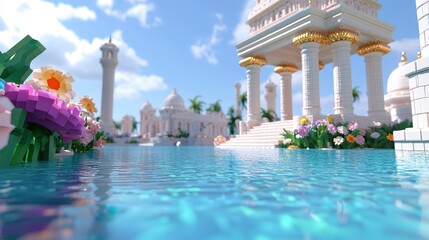 Majestic White Temple with Pool  Flowers  and Blue Sky