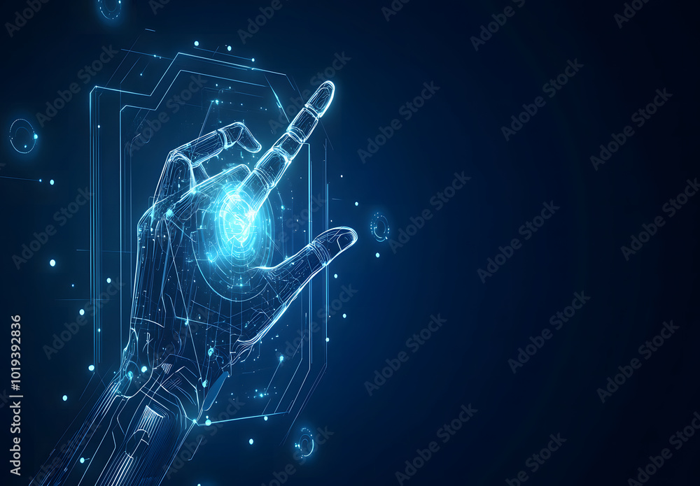 Poster abstract digital hand touching a futuristic circle with data on a blue background design, a technolo