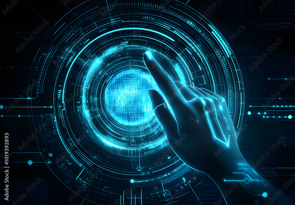 Aufkleber abstract digital hand touching a futuristic circle with data on a blue background design, a technolo